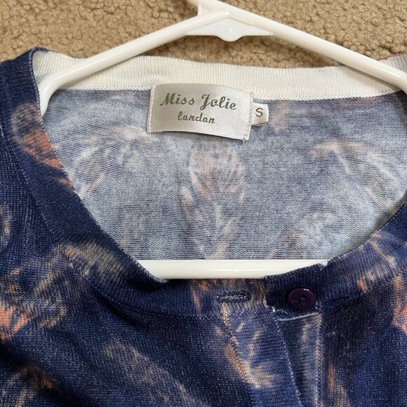 Miss Jolie London Feather Print Cardigan | Navy Blue Long Sleeve Sweater Small - Picture 3 of 3
